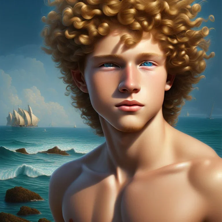 intricate, sharp focus, highly detailed, digital painting, Paul Lewin and Kehinde Wiley, full body image of a beautiful 12 year old boy with long, blonde curly hair and light blue eyes, smiling, shirtless, in front of an distant beach