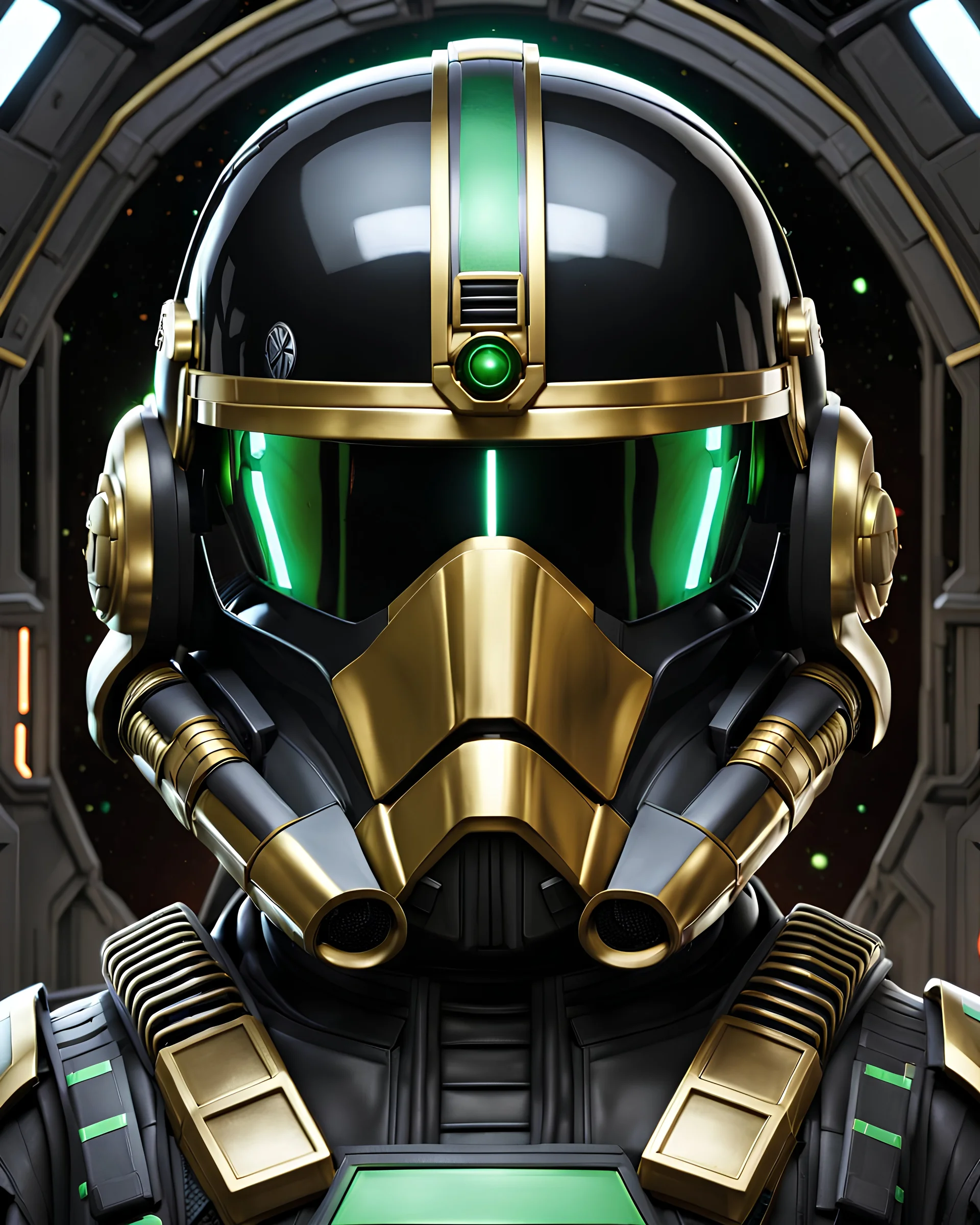 star wars bald male corellian pilot wearing black and bright gasoline green First Order special forces TIE pilot commando armored flightsuit and helmet with gold trim inside the jedi temple, centered head and shoulders portrait, hyperdetailed, dynamic lighting, hyperdetailed background, 8k resolution, volumetric lighting, light skin, fully symmetric details