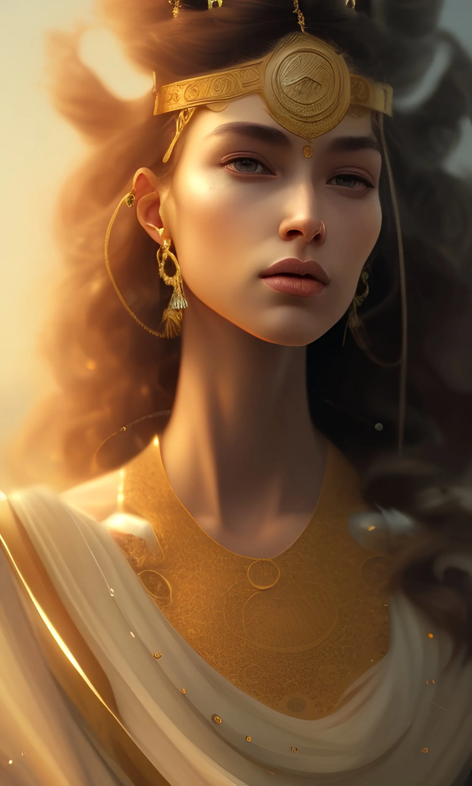 Arab princess , cute, beautiful, long hair, wavy hair, black eyes, head and shoulders portrait, cinematic, 8k, resolution concept art portrait by Greg Rutkowski, Artgerm, WLOP, Alphonse Mucha dynamic lighting hyperdetailed intricately detailed