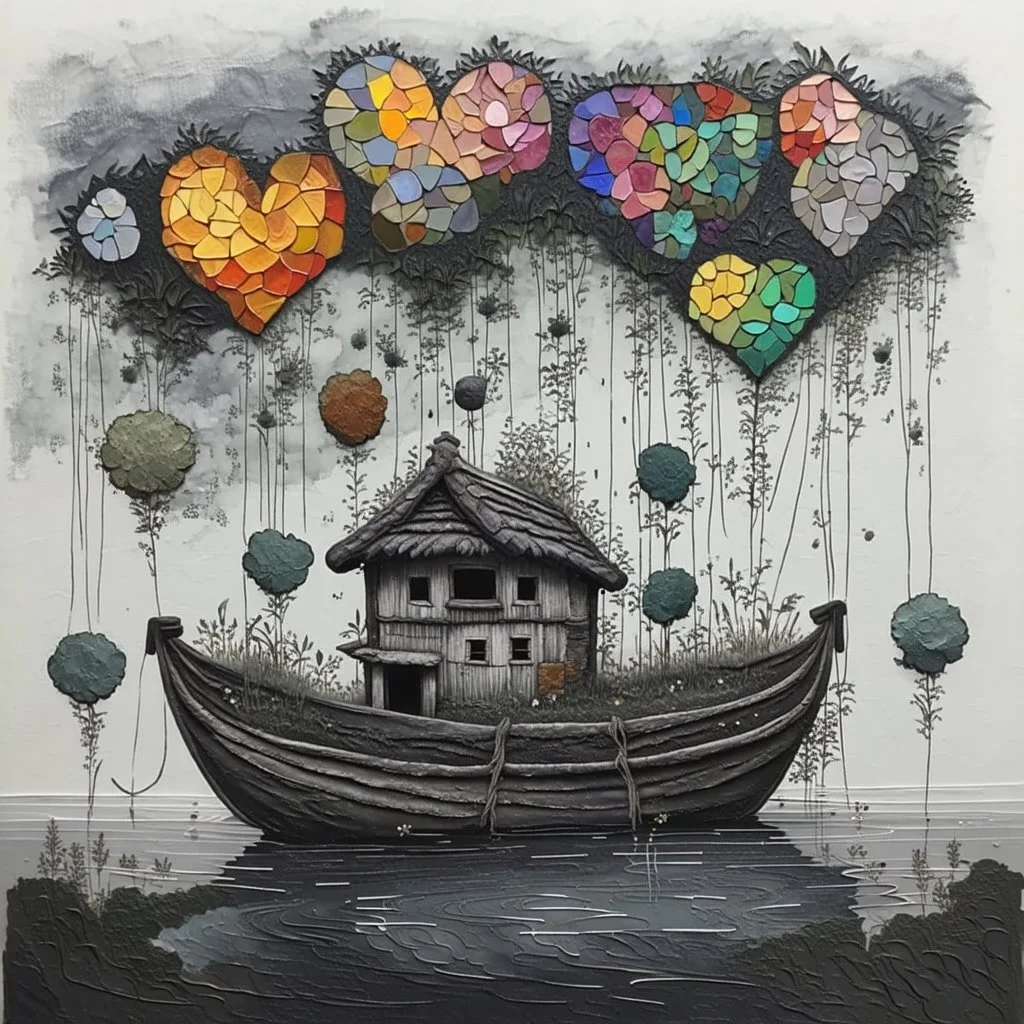 Dreamy sunset lush hilly landscape, winding river, surrealist impasto spirograph drawing, trees, abstract expressionist medieval village, featuring whimsical houses with tiled roofs, flowers, and grasses in Kintsugi-style, gold leaf overlays, intricate textures, by Susanne, in the style of Odilon Redon, Andy Kehoe, John Hoyland, and van Gogh, hints of geometric fragments.