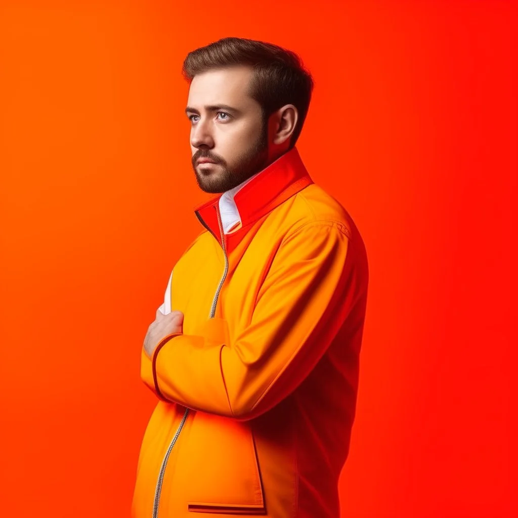 high quality photography 30 year old handsome developer man, stock photo premium, epic view, bright background, low-angle shot, closeup. tennis jacket, orange background. primer plano cara.