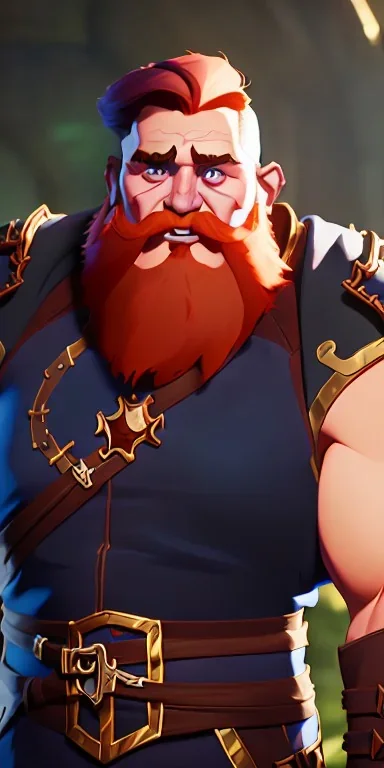 A high detail, high definition, 4k dungeons and dragons character design of a short dwarf male warrior who has a strong build, a thick ginger beard, long ginger hair, and wearing metal plated armor with pauldrons, dynamic lighting