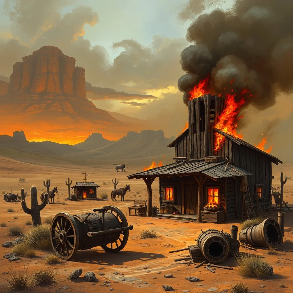 burnt down wild west farm in the desert fantasy art