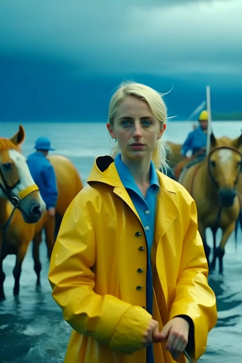 In the music video, a 23-year-old woman with blonde hair and bright blue eyes stands in the sea, se has a bun. dressed in a yellow fisherman's jacket. She holds an umbrella, but it offers no protection from the pouring rain. Around her, heavy horses are moving. The rain is pouring heavily. She is standing in the middle of the sea. You can see here completely. Horses only the girl and horses, i wanna see the horses dancing around her. She is wearing a fishers outfit. NOT SEXY!!