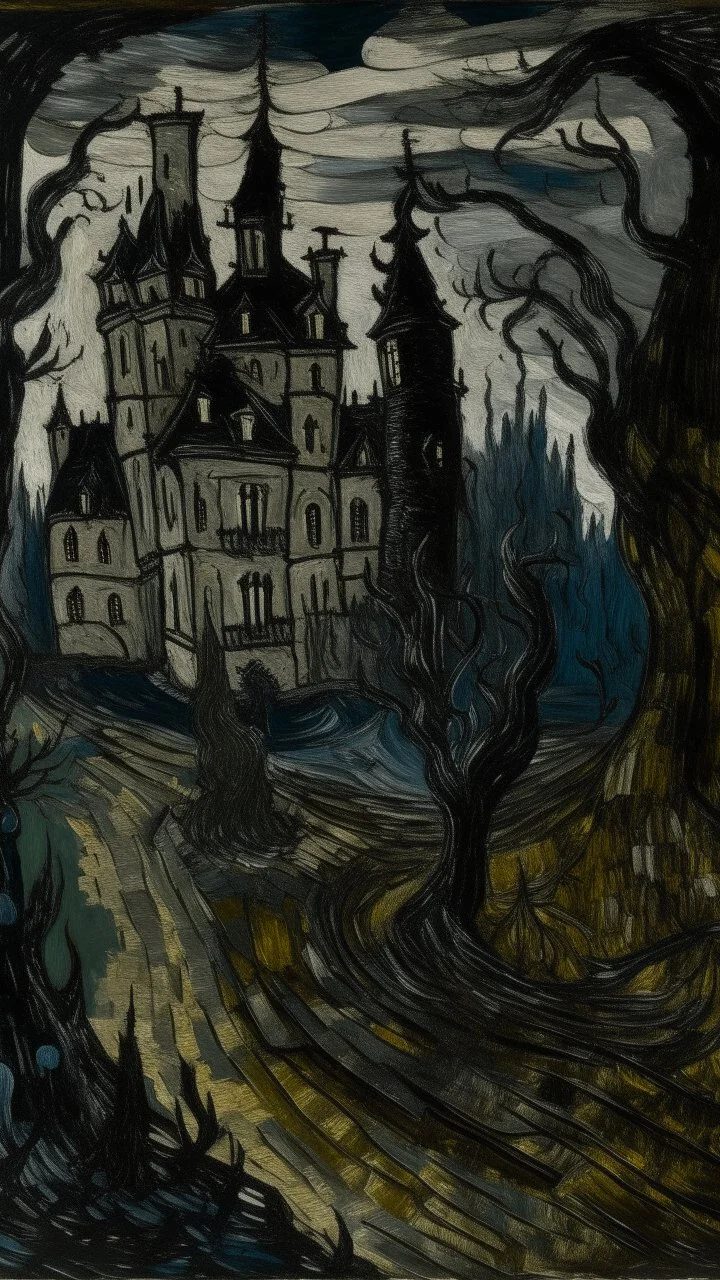 A black chateau in a demented shadow realm painted by Vincent van Gogh