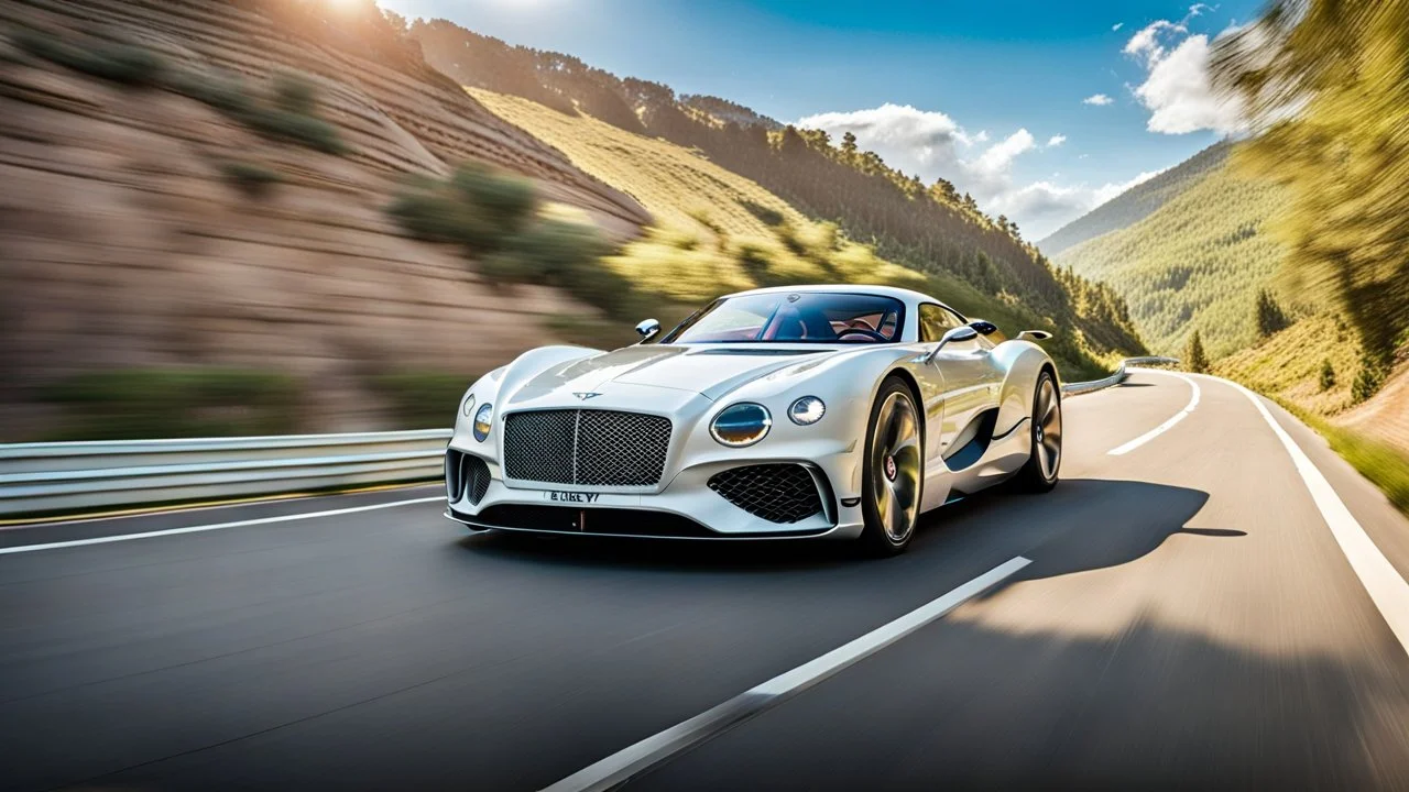A sleek white shiny (((bentley regera))), its contours and details perfectly captured in a (((cinematic view))), zipping along a winding road under a beautiful blue sky