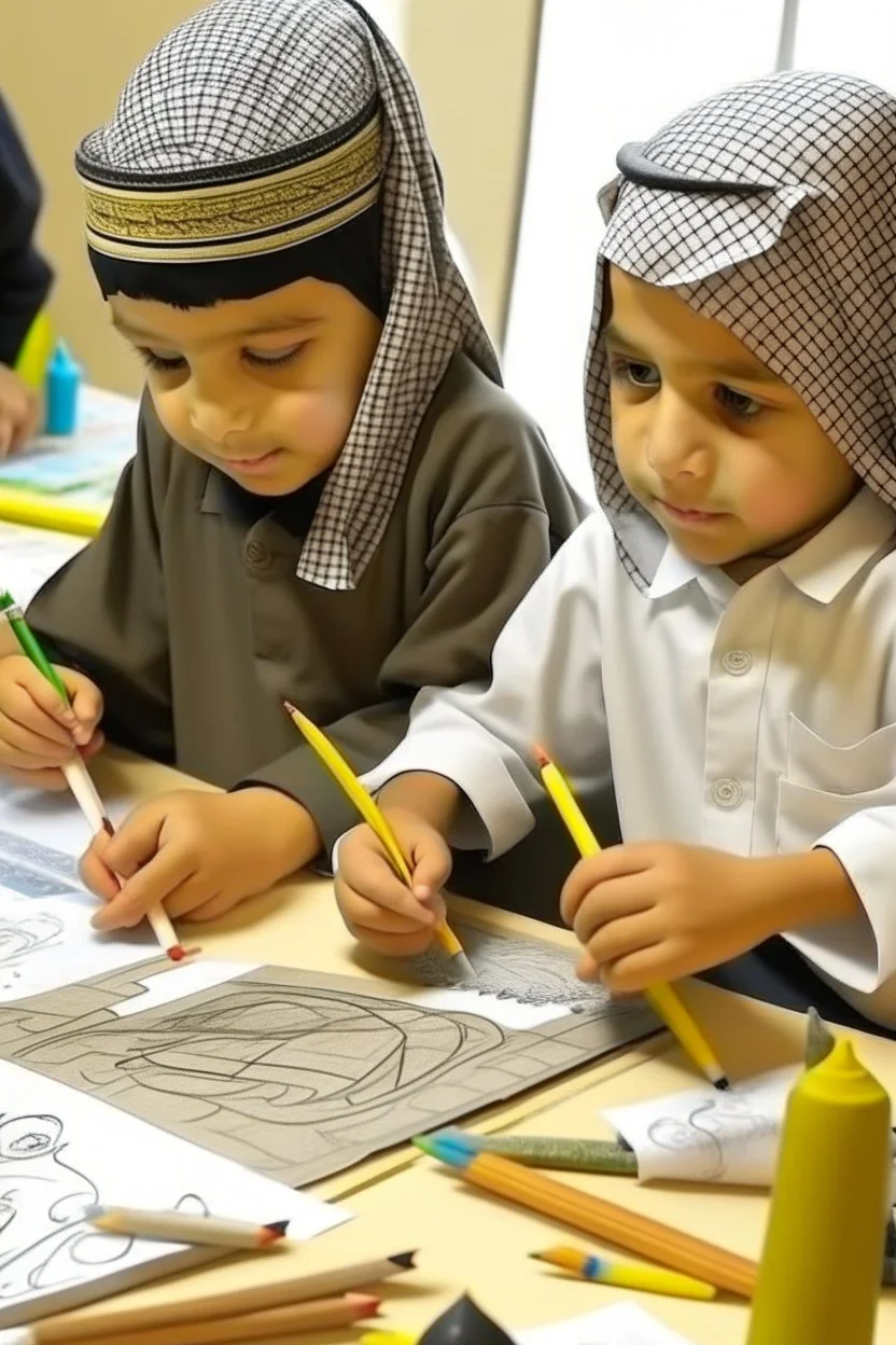 Saudi Arabia children playing with drawing tools