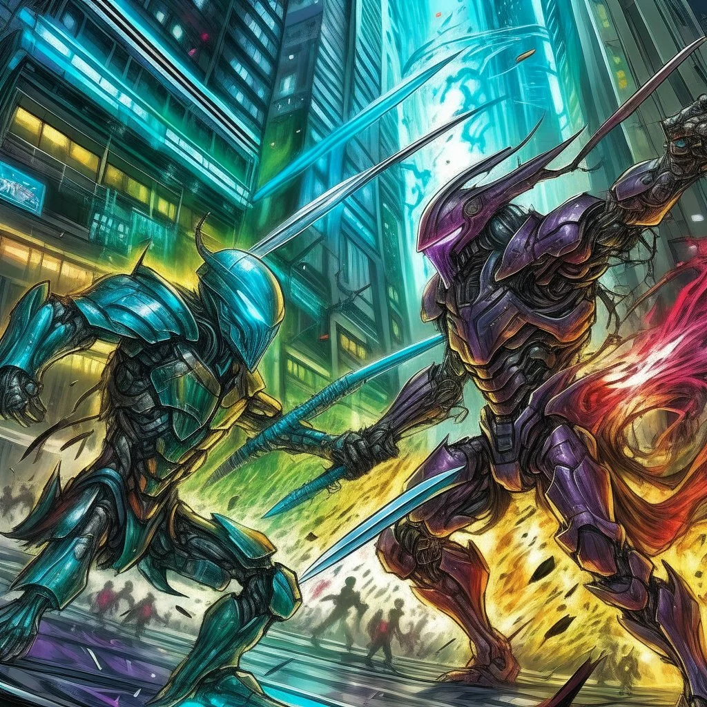 In the midst of a futuristic urban landscape, two combatants clash in a vivid, high-octane spectacle. One fighter is a cybernetically enhanced warrior with shimmering metallic armor, while the other is a mystical sorcerer with swirling energy crackling around them. This scene is depicted in a stunning, ultra-detailed, graffiti-style painting that combines spray paint, oil, and gouache to create a vibrant, polychromatic masterpiece. The colors are bold and high-contrast, with every minute detail