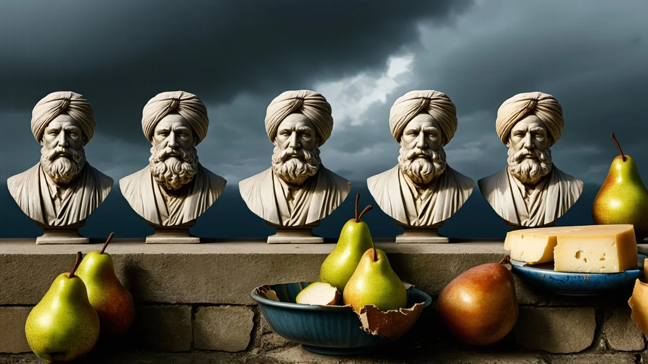 A surreal still life painting features a row of ancient-looking busts wearing turbans, interspersed with pears. The busts are weathered and cracked, some with visible beards and stern expressions. The pears vary in color and condition, with some appearing whole and others broken or cracked, revealing their interiors. They are positioned on a stone ledge, behind which a cloudy, dramatic sky is visible. In the foreground, on a lower ledge, are more pears, a cracked blue bowl, and a stack of cheese