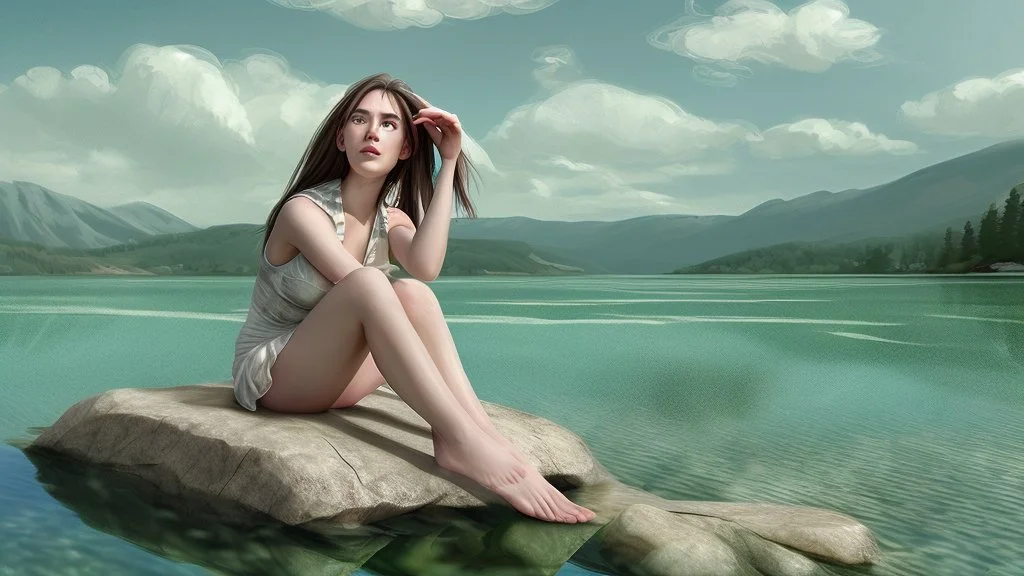 woman sitting on a rock, in a lake, green mottled skin, green hair, blue sky, white clouds