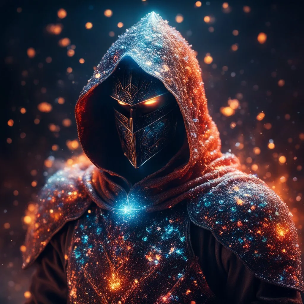 hooded marble knight covered with glowing crystals, fire particles in air, bright colors, glowing sparkle particles, dark tone, sharp focus, high contrast, 8k, incredible depth, depth of field, dramatic lighting, beautifully intricate details, clean environment, epic dynamic scene