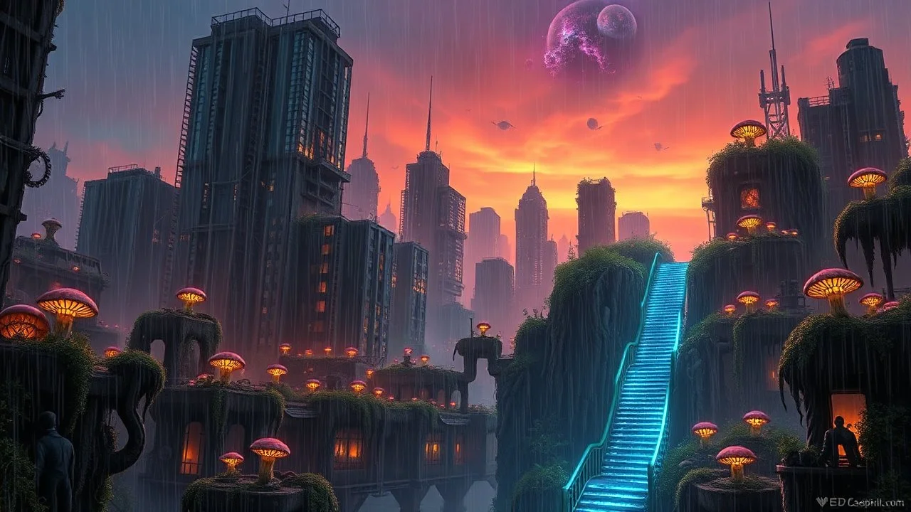 A rain-soaked, intricate biopunk wasteland at twilight, showcasing dilapidated skyscrapers overgrown with bioluminescent fungi, hyperrealistic staircase disappearing into a nebula.