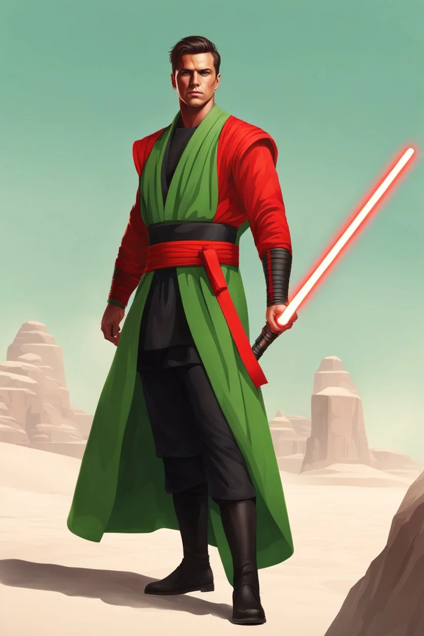 Full Muscular Body, Male Tan Human, Red Bandage Blindfold. Green and Black Robes, Red Crossgaurd Lightsaber, HD