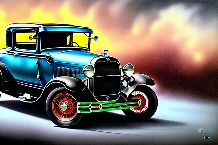 a true-to-life 1928 ford model a sedan, classic wheels, centered, intricate, extreme detailed, photorealism, center view, suburb background, pivot on ford, pen and color marker, painting by cheryl kelley