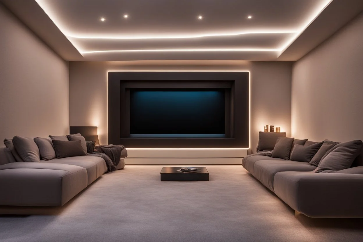 a dedicated home cinema room with LED ambient lighting in the walls