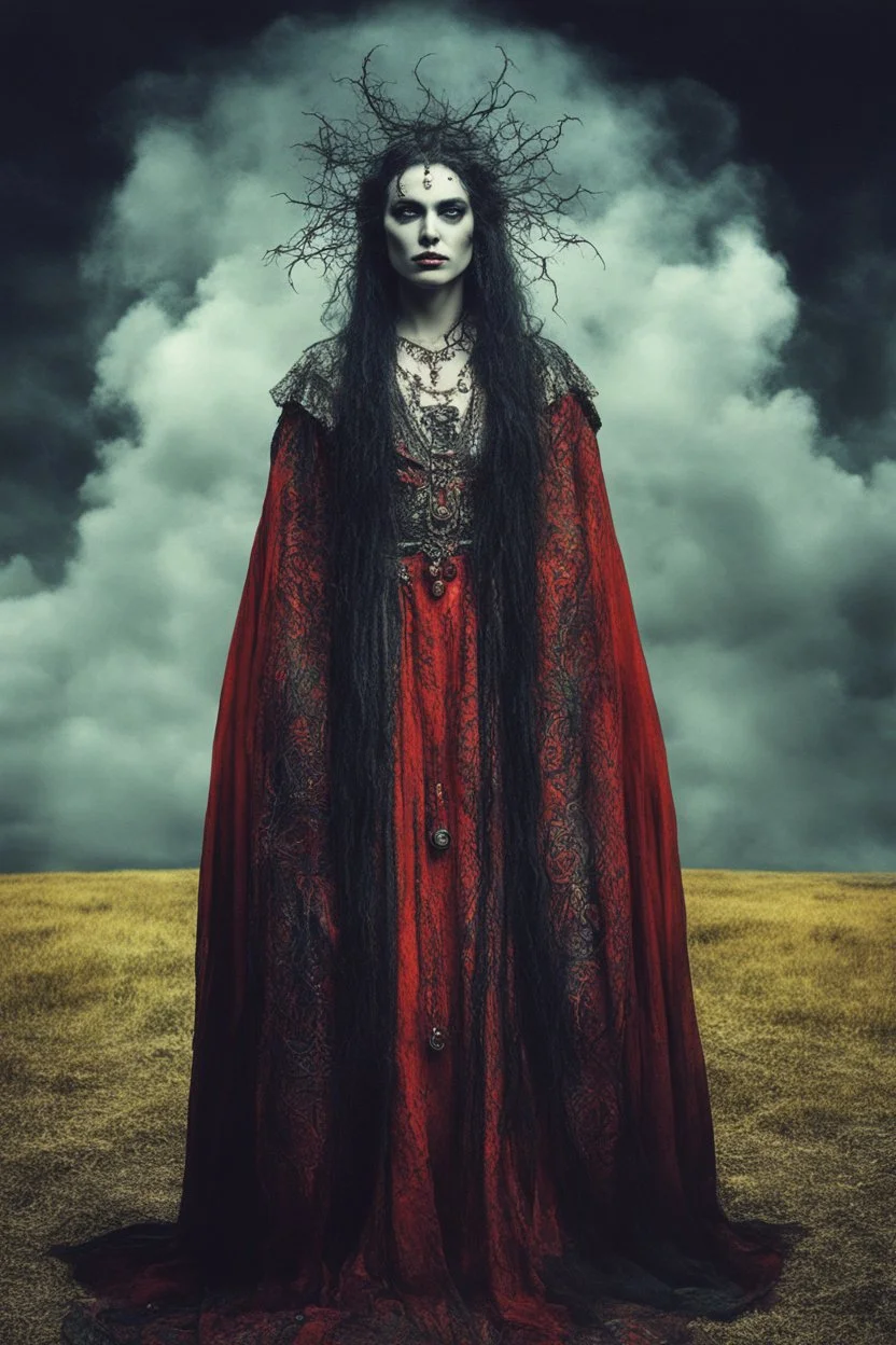 Conceptual surreal and otherworldly, full body portrait photograph of a traditionally dressed Romanian Gypsy Vampire Sorceress , with highly detailed hair and facial features in the photographic style of Jerry Uelsmann, sharply focused, cross processed color image using color slide film with C-41 color negative chemicals, with fine ink overlays, 8k, cinematic horror atmosphere