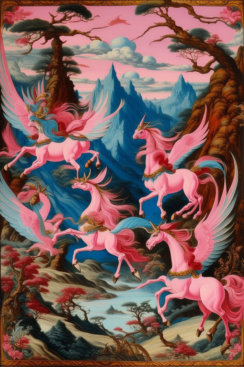 A pink magical realm with winged unicorns designed in Navajo yarn painted by Utagawa Hiroshige