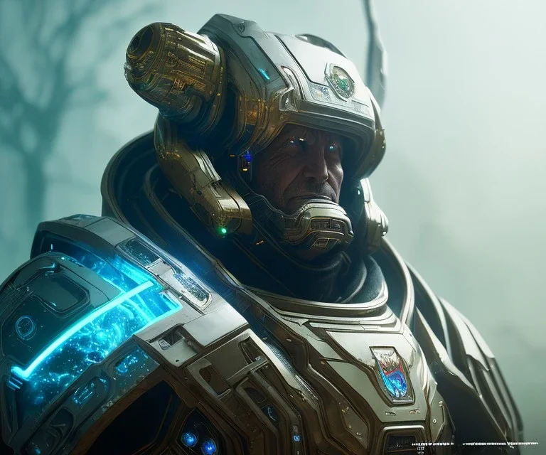 Full scale Epic Character design, strong Alien Male galaxy void soldier wearing metal armor with glow, mist, photorealistic, octane render, unreal engine 5 style, ultra detailed, volumetric lighting, Dark Alien planet, wearing a helmet and a cape, detailed face