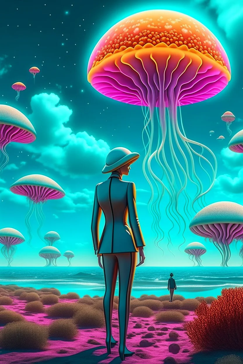 woman in a form-fitting suit, standing on a beach of an alien world, watching mushrooms with jellyfish tentacles in the sky