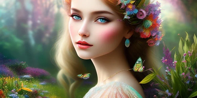 bright fairy, beautiful portrait, flowery landscape