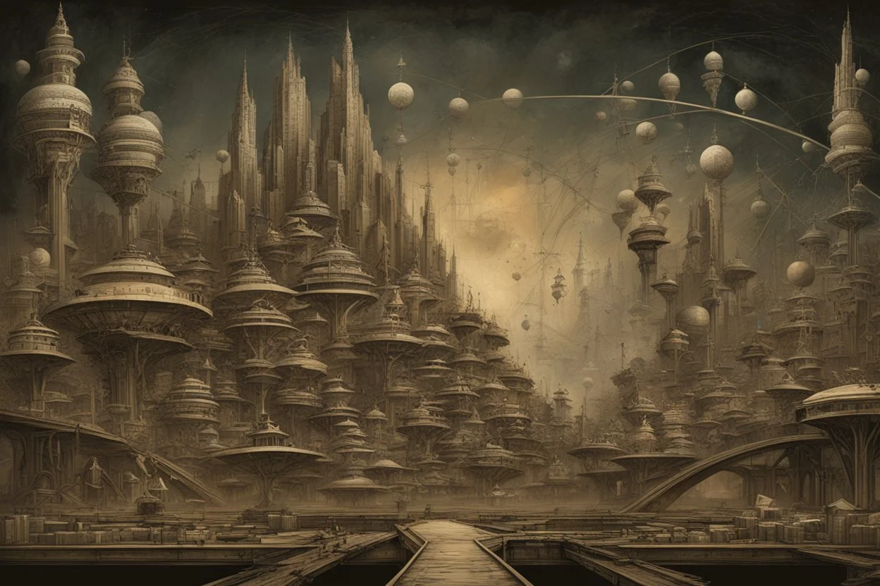 fantastical city balanced on the head of a pin, expansive astral chaotic background, vast fantastical city made up of odd geometrical structures, crazy Victor Enrich triangle sphere rhomboid megastructures, surrealist dark noir art deco, by Jeremy Mann, by John Stephens, by Andy Kehoe, dark colors, intricate alcohol color ink illustration, silverpoint, filigree.