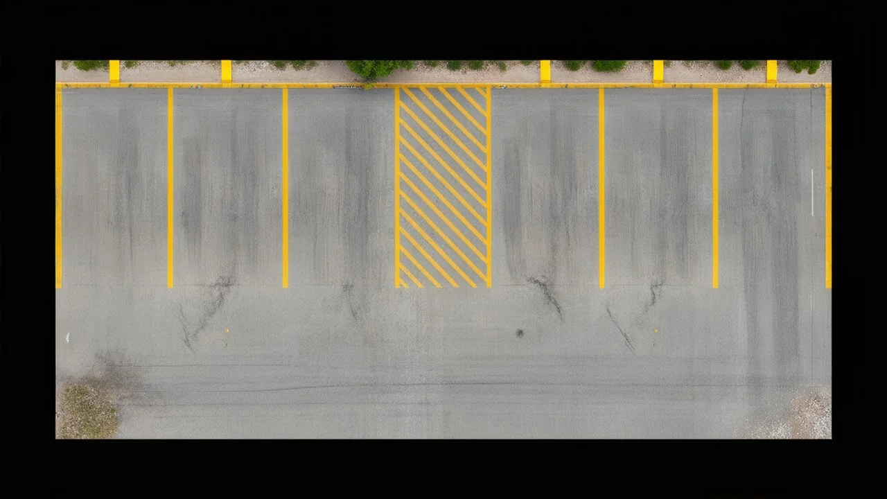 Ground layout for a covered concrete parking lot. Add skidmarks, oil ground stains, fine cracks and weathering. and make a little darker