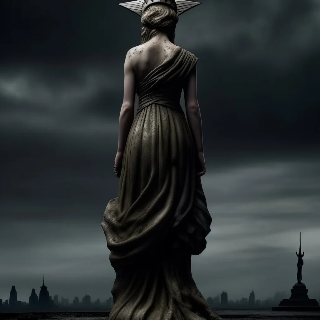 the statue of liberty, dress dirty and torn, her face solemn and terse, trash littered at her feet, she holds a crumpled american flag, she walks away, back to the viewer, under a dark and dreary sky