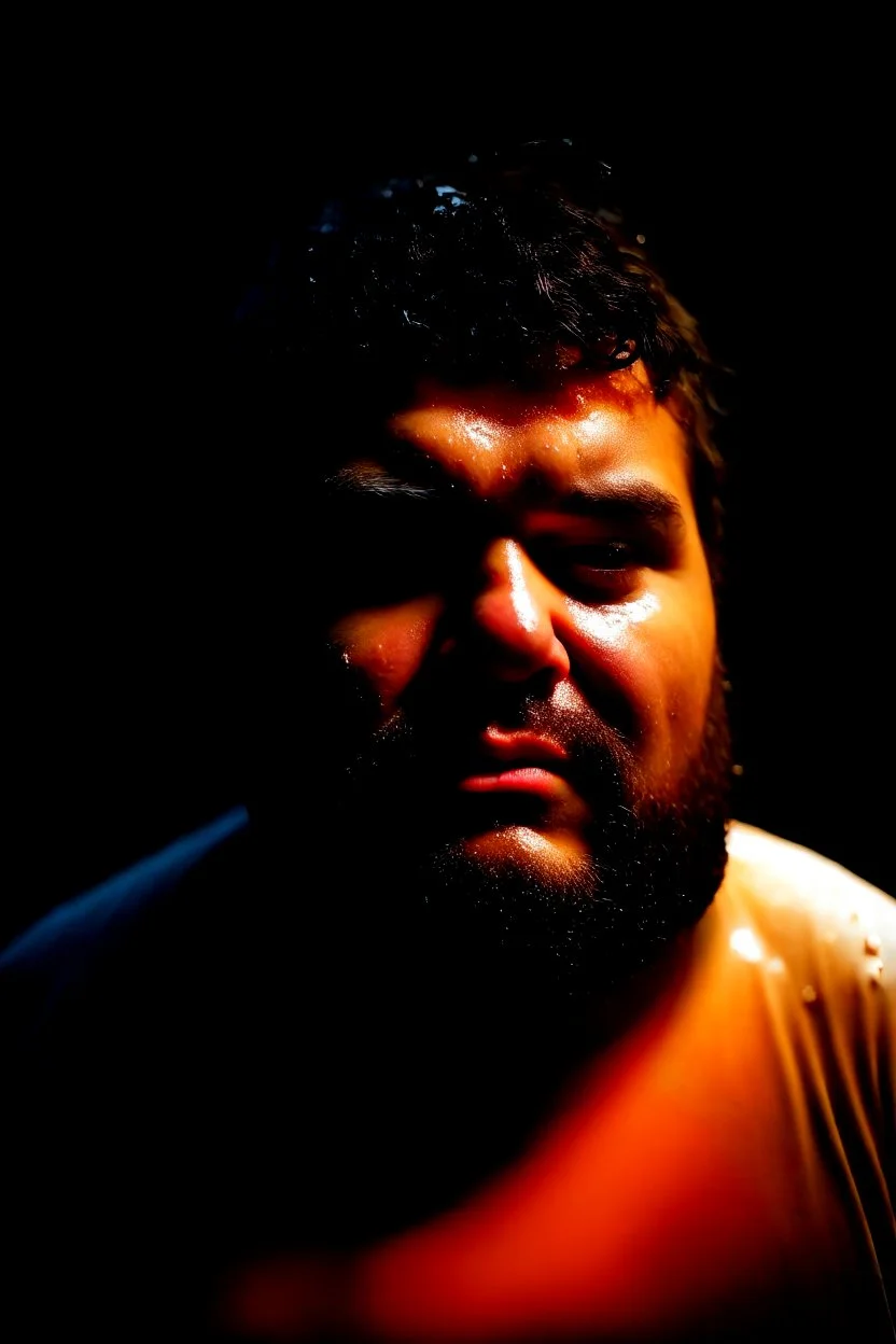 half figure shot photography of an ugly spanish strong chubby unshaved man 28 years old, emotive eyes, ajar mouth dripping white semitransparent glue, with the face wet with white glue dripping, splashes of white semitransparent glue on the face, in the wood at night, unshaved, short hairs, photorealistic, lit by bonfire