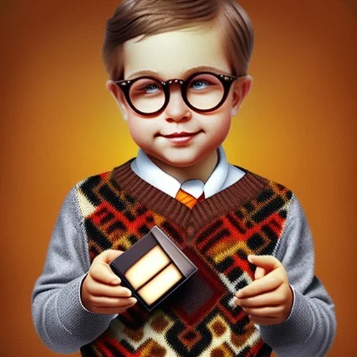 Peter Billingsley chubby kid Tortoise-shell glasses, holding A ((dark red soap bar)) in his hand, brown argyle sweater