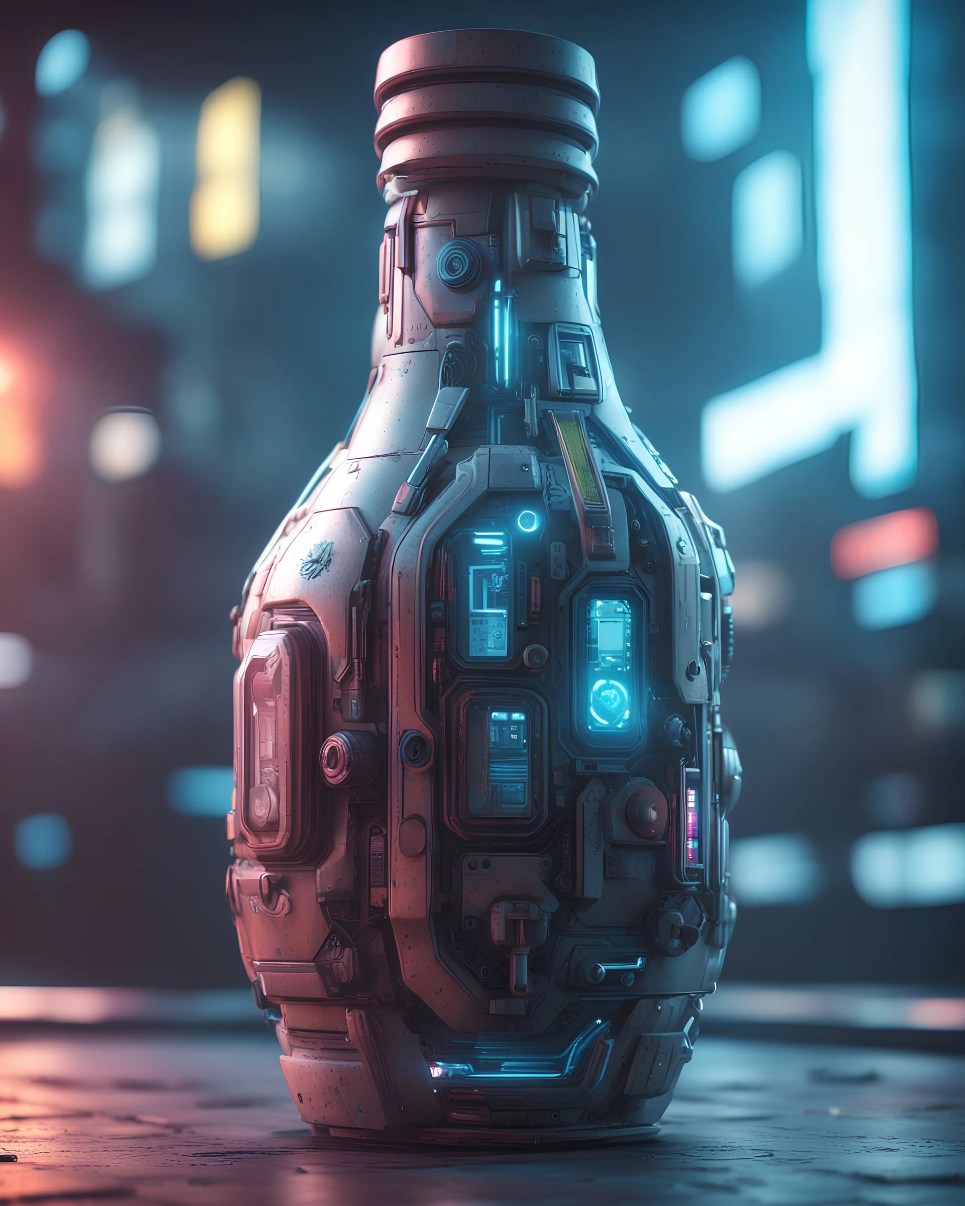 Cyberpunk Futuristic bottle, 3d render, vray, uhd, detailed, hdr, 8k, photorealistic, dramatic lighting, hawken graphic design abstract 3d hitech technological HAWKEN photorealistic uhd 8k VRAY highly detailed HDR