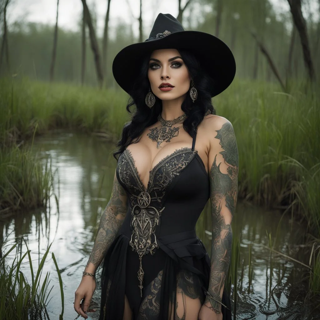 Veronica Gomez as a medieval attractive witch with tattoos and doe eyes in the swamp, in her agent provocateur light dress