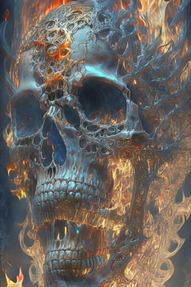 A beautiful highly detailed ornate intricate portrait of a flaming demon skull made of shiny obsidian glass :: reflective, glassy :: subtractive lighting, backlit :: by John William Waterhouse, Greg Rutkowski, HR Giger :: hyperrealistic, hyper detailed, photorealistic :: epic, incredible composition, amazing depth, meticulously composed, 16k resolution concept art :: fantasy magazine cover art