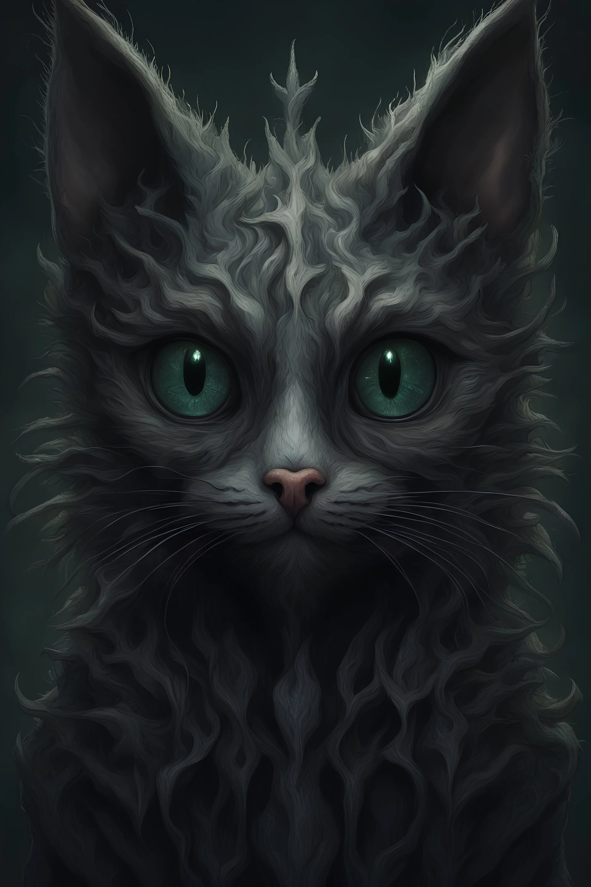 olpntng style, Cute little fantasy cat dark creature, dark forest, 4k, symmetrical, soft lighting, detailed face, trending on artstation, intricate details, highly detailed, pencil drawing, sketching, unreal engine, Brian Froud, oil painting, heavy strokes, paint dripping, oil painting, heavy strokes, paint dripping