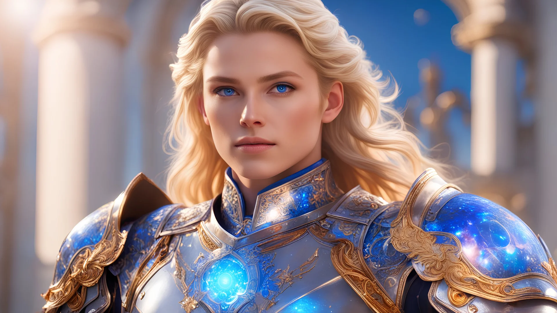 Masterpiece, A Cosmic knight, strong, firm, noble, beautiful, blue eyes , blond hair, bright sunday time, 8k, 4k, Unreal, highly détaillée, intricate, high quality