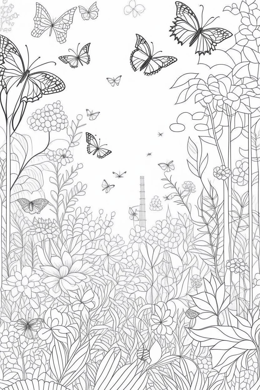 coloring page, nature, relaxing, "Secret Garden Oasis: Unveil the beauty of a hidden garden with blooming flowers and delicate butterflies." full view, realistic, coloring page, only draw lines, coloring book, clean line art, –no sketch, color, –ar 3:4, white background, minimalistic black lines, minimal black color, low level black colors, coloring page, avoid thick black colors, thin black line art, avoid colors, perfect shape, perfect clear lines,