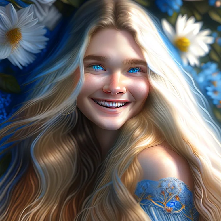 (best quality, 4k, 8k, highres, masterpiece:1.2), ultra-detailed, (realistic, photorealistic, photo-realistic:1.37),hyper realistic, gorgeous smiling 1woman,long hair,looking at viewer,realistic proportions,blue eyes,hair ornament,dress,very long hair,flower,blonde hair,parted lips,necklace,white dress,blonde hair,lips,blurry background,freckles,realistic,head wreath, pink flower,realistic portrait