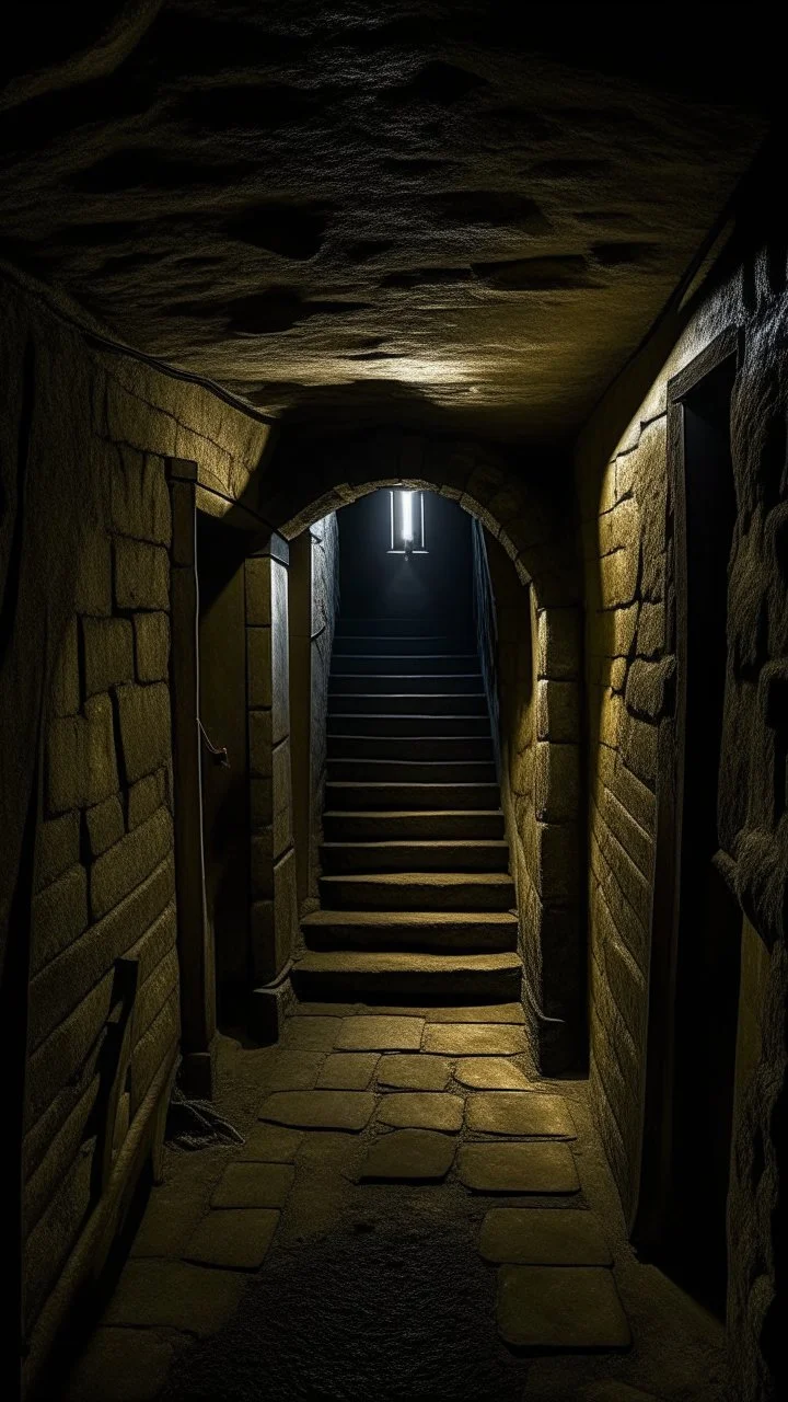 Alex descends into the dark, cavernous depths of the cellar beneath Blackwood Manor , an abandoned prison cell all damaged , where flickering torches cast eerie shadows across the damp stone walls. As he explores, he uncovers ancient artifacts and relics, each one hinting at a dark and mysterious past.]