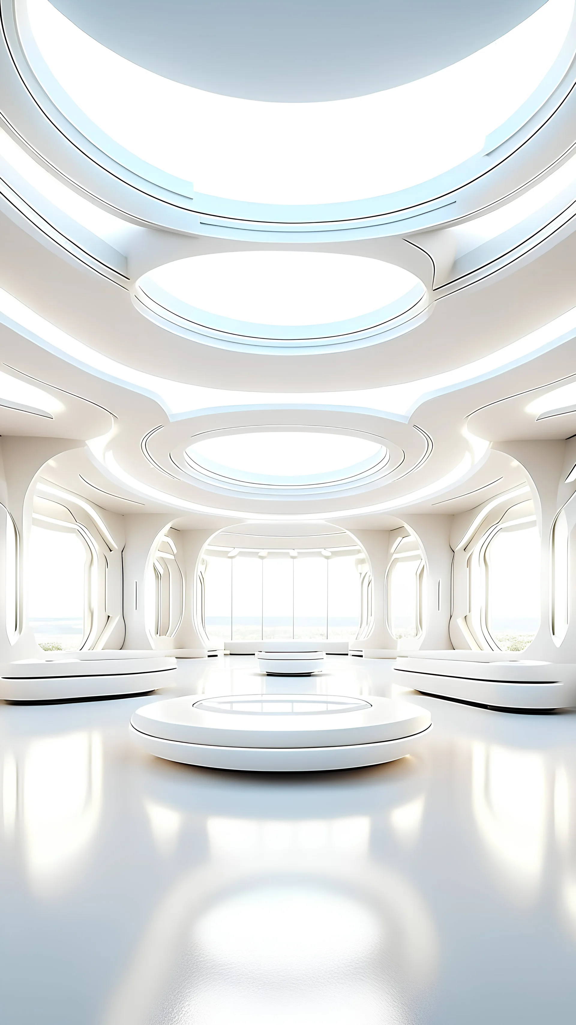 futuristic white room with large organic shaped beams and columns with organic shaped embellishments and wood details surrounding the empty room. the flooring is flat but has organic shaped details, There's a platform in the middle of the room. the lighting is bright white and the atmosphere is sci-fi