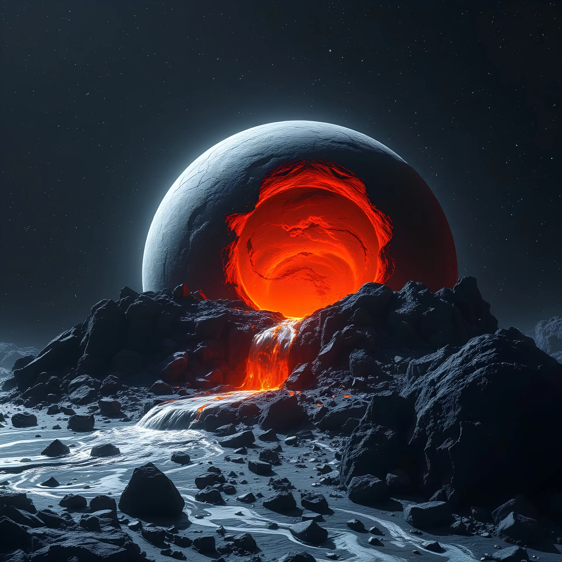 a rocky planet surrounded by distant stars in a vast universe with molten jagged rocks and pebbles mixed with dust on a cooled mantle with several volcanoes shrouded in darkness with water flowing out of mantle