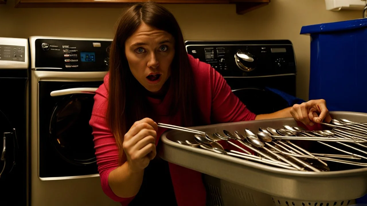 very confused young woman places a few metal spoons into her household dryer