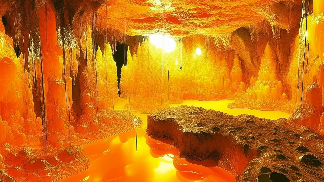 A yellowish orange cavern filled with crystals painted by Andy Warhol