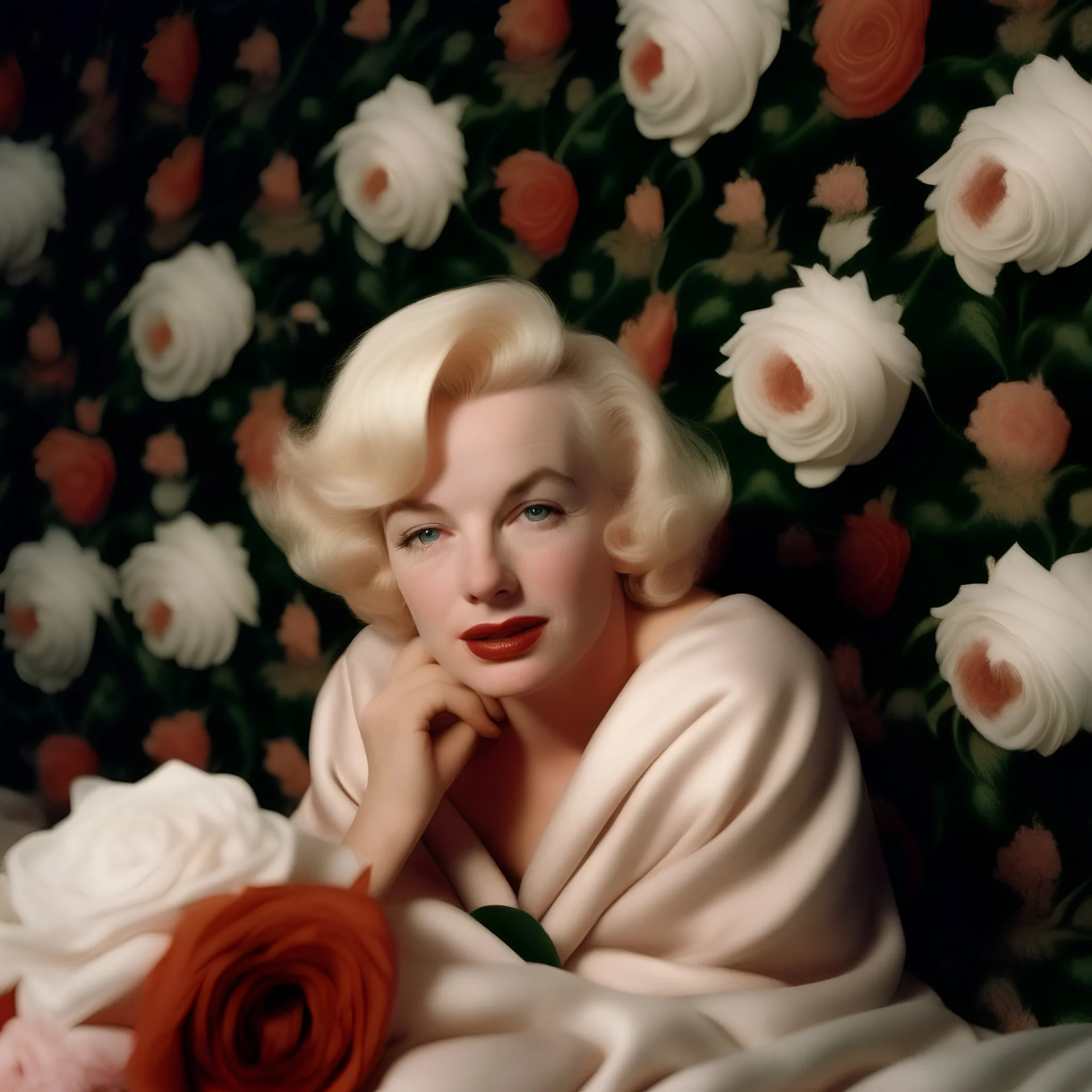A photograph of childish and fresh marilyn monroe,with white hair and no make up, in the style of Cecil beaton, a white scarf around her shoulders, in a hotel with flowered wallpaper, a rose