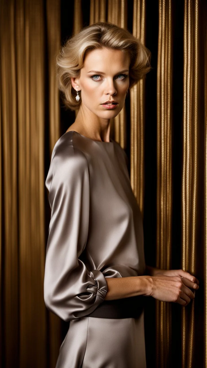 photography of a beautiful anorexic woman, silver satin blouse, megyn kelly show