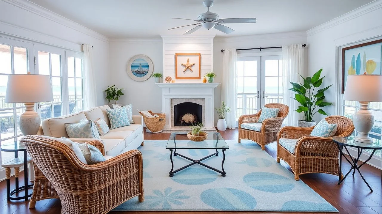 A coastal-themed living room with a comfortable sofa and wicker chairs arranged around a glass coffee table. The room features a single, white-painted fireplace with seashell decorations, a light blue area rug, and large windows with sheer curtains. Nautical-themed artwork hangs on the walls, and potted plants add a touch of greenery. Award-winning photograph, beautiful composition, exquisite detail and illumination