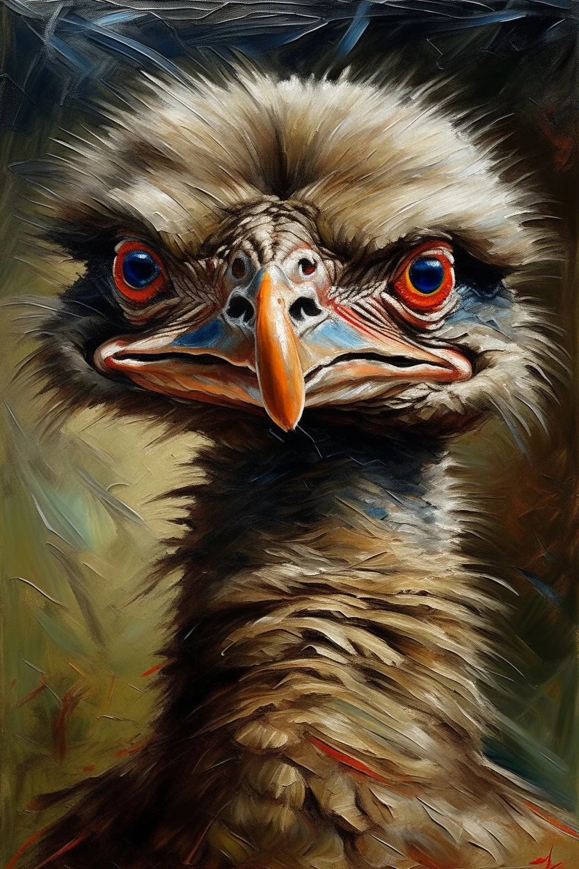 An oil painting of a very beautiful ostrich with wide eyes