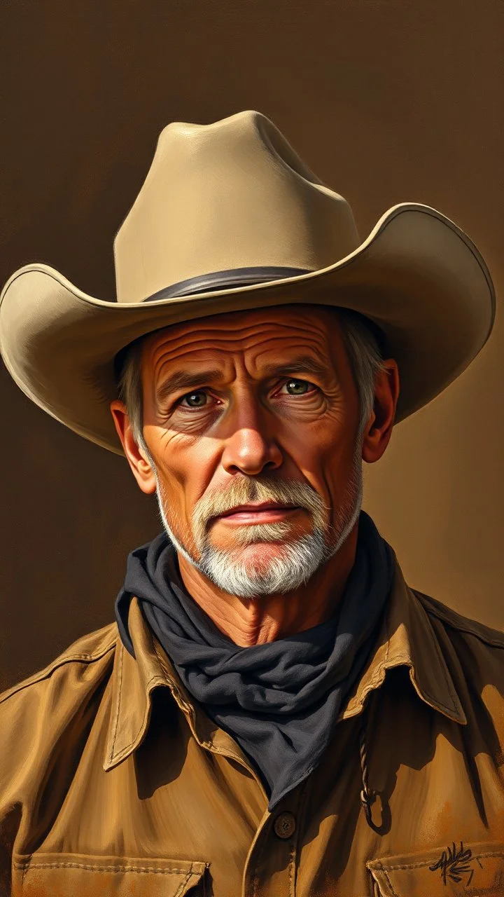 grant wood painting style , a portrait of a cowboy with a cowboys hat in light brown colors and dark brown background