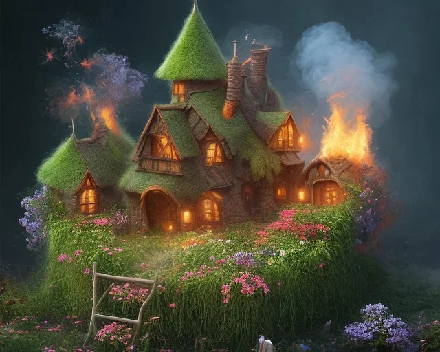 fairy garden on fire, sinister, smoke