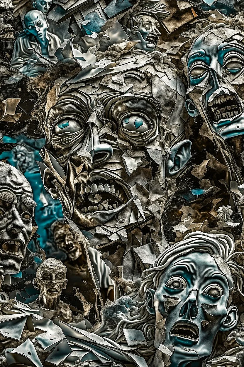 A collage about anxiety, distant faces, ghosts, ripped pieces is newspaper clippings, suffocating, abstract, chaos, epic photo, sharp on highly detailed skin with wrinkles and high contrast, photorealistic, 4K, 3D, realism, hyperrealism, detail, good lighting, detailed texture, modern photography style, 3D, 4D, 4K