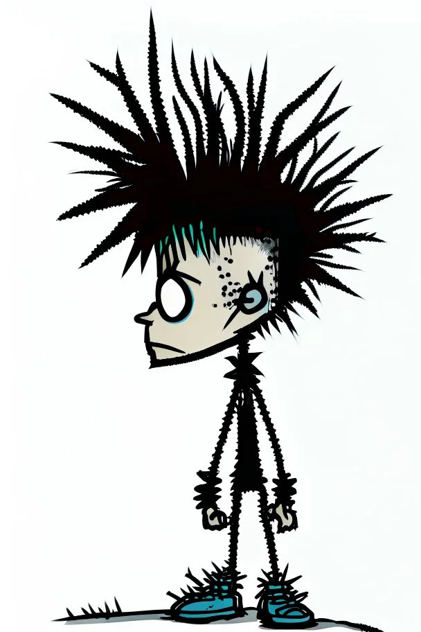 2d drawing of a stickman, cool with punk hair, x eyes like in hangman, view from back and slightly peeking behind, 3d realistic in colour