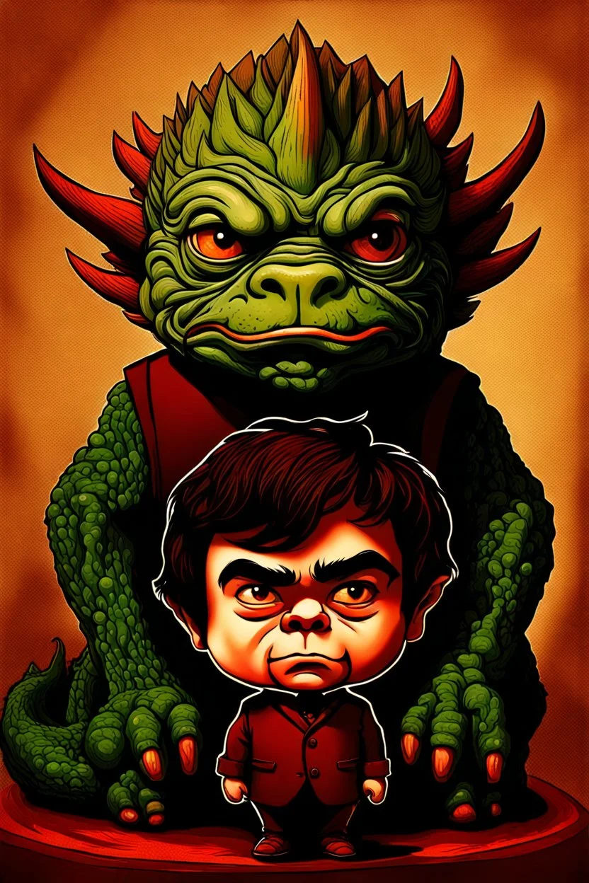 A portrait of an odd but strangely beautiful yet odd little humanoid creature named Herve Villechaize in the role of "Tyrion Lannister" from "Game of Thrones" with a dragon in the background Modifiers: very cute Norman Rockwell style of Bobby Chiu style of Chris Ryniak